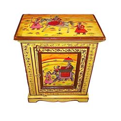 Vintage Indian Hand Painted Solid Wood Cabinet End Table Stand Storage Folk Art Mango Wood