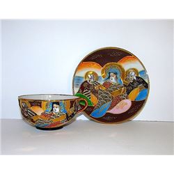 Vintage Satsuma Dragon Wear Moriage Kannon Goddess and Immortals Tea Cup and Saucer