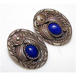 Native American Navajo Alvin Begay Sterling Silver Lapis Pierced Earrings Squash Blossom Design