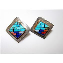 Vintage Navajo Sterling Silver 925 Channel Inlay Turquoise Coral Jet MOP Pierced Earrings