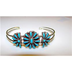 Judy Wallace Zuni Sterling Silver Turquoise Cluster Rosette Cuff Bracelet