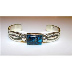 Vintage Native American Navajo Sterling Silver Blue Diamond Mine Turquoise Cuff Bracelet Hand Etched