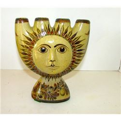 Vintage Mexican Tonala Pottery Large Sun Face Candle Holder Carlos Villanueva