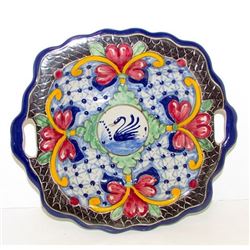 Vintage Mexican Pottery Talavera Decorative Folk Art Bowl with Handles