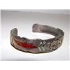 Image 2 : Native American Navajo Old Pawn Sterling Silver 925 Turquoise Coral Chip Inlay Hand Etched Waves Des
