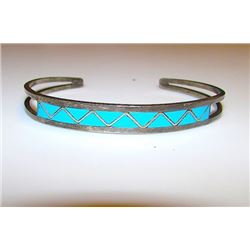 Old Pawn Native American Zuni Sterling Silver Sleeping Beauty Mine Turquoise Mosaic Inlay Bracelet S
