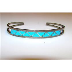 Old Pawn Native American Zuni Sterling Silver Sleeping Beauty Mine Turquoise Mosaic Inlay Bracelet S