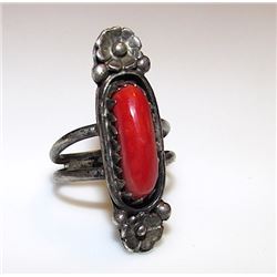 Vintage Old Pawn Native American Navajo Sterling Silver Mediterranean Coral Ring Size 5 Squash Bloss