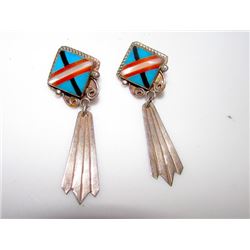 Southwestern Trading Post Sterling Silver 925 Channel Inlay Turquoise Coral Jet MOP Pierced Dangle E