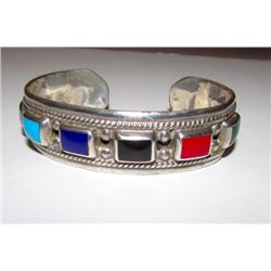 Heavy Sterling Silver 925 Turquoise Coral Lapis Malachite Onyx Cuff Bracelet