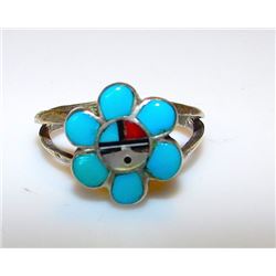 Old Pawn Native American Zuni Sterling Silver Turquoise Coral MOP Jet Sun Face Inlay Flower Ring Siz