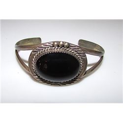 Old Pawn Native American Navajo Sterling Silver Onyx Black Jet Cuff Bracelet