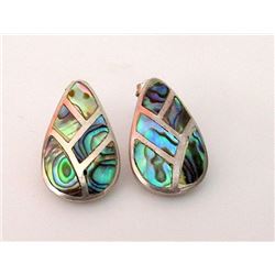 Sterling Silver 925 Mexico Taxco Pierced Earrings with Abalone Shell Inlay