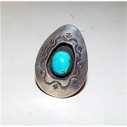Vintage Old Pawn Native American Navajo Sterling Silver Turquoise Statement Ring Size 7.5 Shadow Box