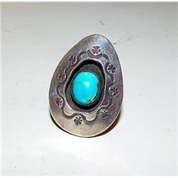 Vintage Old Pawn Native American Navajo Sterling Silver Turquoise Statement Ring Size 7.5 Shadow Box