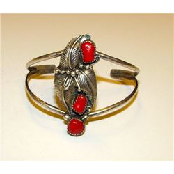 Vintage Old Pawn Native American Navajo Sterling Silver Mediterranean Coral Cuff Bracelet Squash Blo