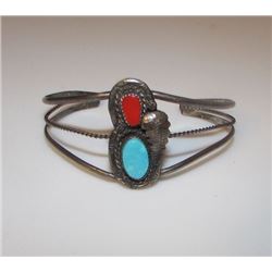 Old Pawn Native American Navajo Sterling Silver Coral Turquoise Cuff Bracelet