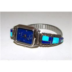 Vintage Native American Zuni Sterling Silver Turquoise Lapis Inlay Lady's Watch Band with Watch Mosa