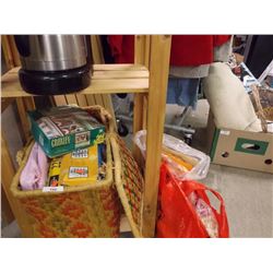 BASKET OF PUZZLES AND SEWING CRAFT & 2 BAGS OF CRAFTS
