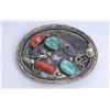 Image 1 : Turquoise and coral oval silver belt buckle signed
