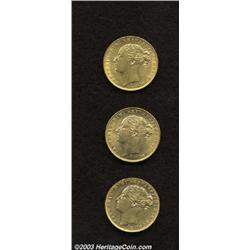 Victoria gold Young Head Sovereigns (3),