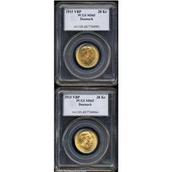 Christian X gold 20 Kronor 1915, two pieces,