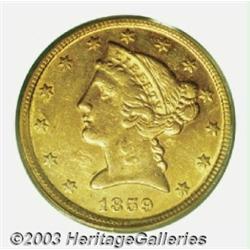 1859-D $5 Large D AU58 PCGS.