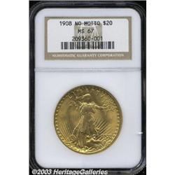 1908 $20 No Motto MS67 NGC.