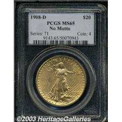 1908-D $20 No Motto MS65 PCGS.