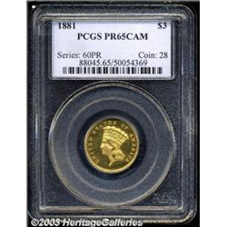 1881 $3 PR65 Cameo PCGS.