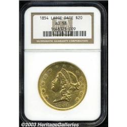 1854 $20 Large Date AU58 NGC.