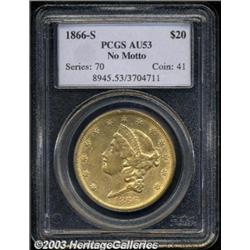 1866-S $20 No Motto AU53 PCGS.