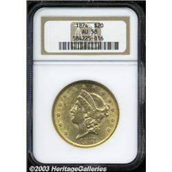 1874 $20 AU58 NGC.