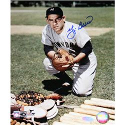 Yogi Berra Signed Kneeling By Equipment Color Vertical 8X10 Photo