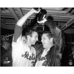 Jerry Koosman Signed New York Mets B&W 16X20 Photo (1969 World Series Champagne Celebration With Tom