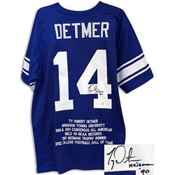 Ty Detmer Signed BYU Cougars Blue Custom Jersey Heisman 90 W/ Embroidered Stats