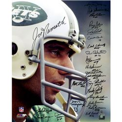 1969 New York Jets Team Signed Joe Namath Close Up Wearing Helmet 16X20 Photo (24 Signatures)
