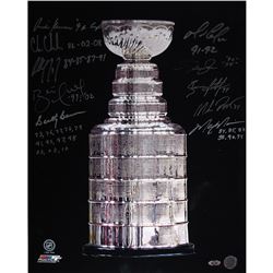 Stanley Cup Trophy Vertical 16X20 Photo Signed By Keenan, Chelios, Coffey, Hull, Bowman, Lemieux, Gr