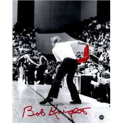 Bobby Knight Signed Indiana Hoosiers 8X10 Black & White Photo Throwing Red Chair (Red Signature)- St