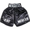 Image 1 : Ray Mercer Signed Black Satin Boxing Trunks W/ Merciless (1988 Seoul Olympic Gold)