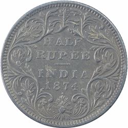 Silver Half Rupee Coin of Victoria Queen of Bombay Mint of 1874.