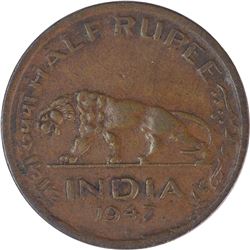 Rare Copper Half Rupee Coin of King George VI of Bombay Mint of 1947.