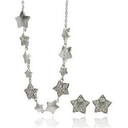 Rhodium Plated Brass Multi Star Clear CZ Stud Earring & Hanging Necklace Set bbs00015