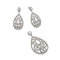 Sterling Silver Rhodium Plated Clear Filigree Micro Pave CZ Dangling Stud Earring & Necklace Set gms