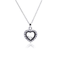 Sterling Silver Clear CZ Rhodium Plated Heart CZ Accent Pendant Necklace stp00094