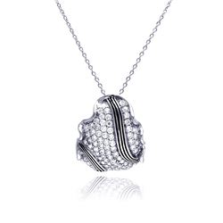 Sterling Silver Rhodium Plated Clear CZ Shell Pendant Necklace stp01322