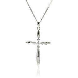 Sterling Silver Rhodium Plated Hi Polished Cross CZ Necklace bgp00507
