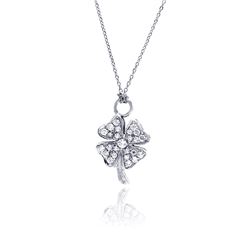 Sterling Silver Clear CZ Rhodium Plated Clover Pendant Necklace stp00143