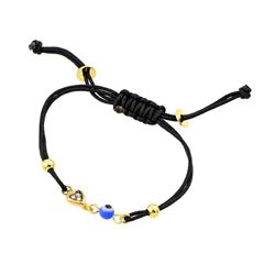 Sterling Silver Gold Plated Heart Evil Eye CZ Black Cord Bracelet bgb00199