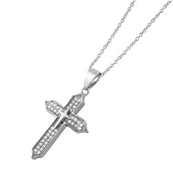Sterling Silver Rhodium Plated Double Cross CZ Pendant Necklace STP01500
